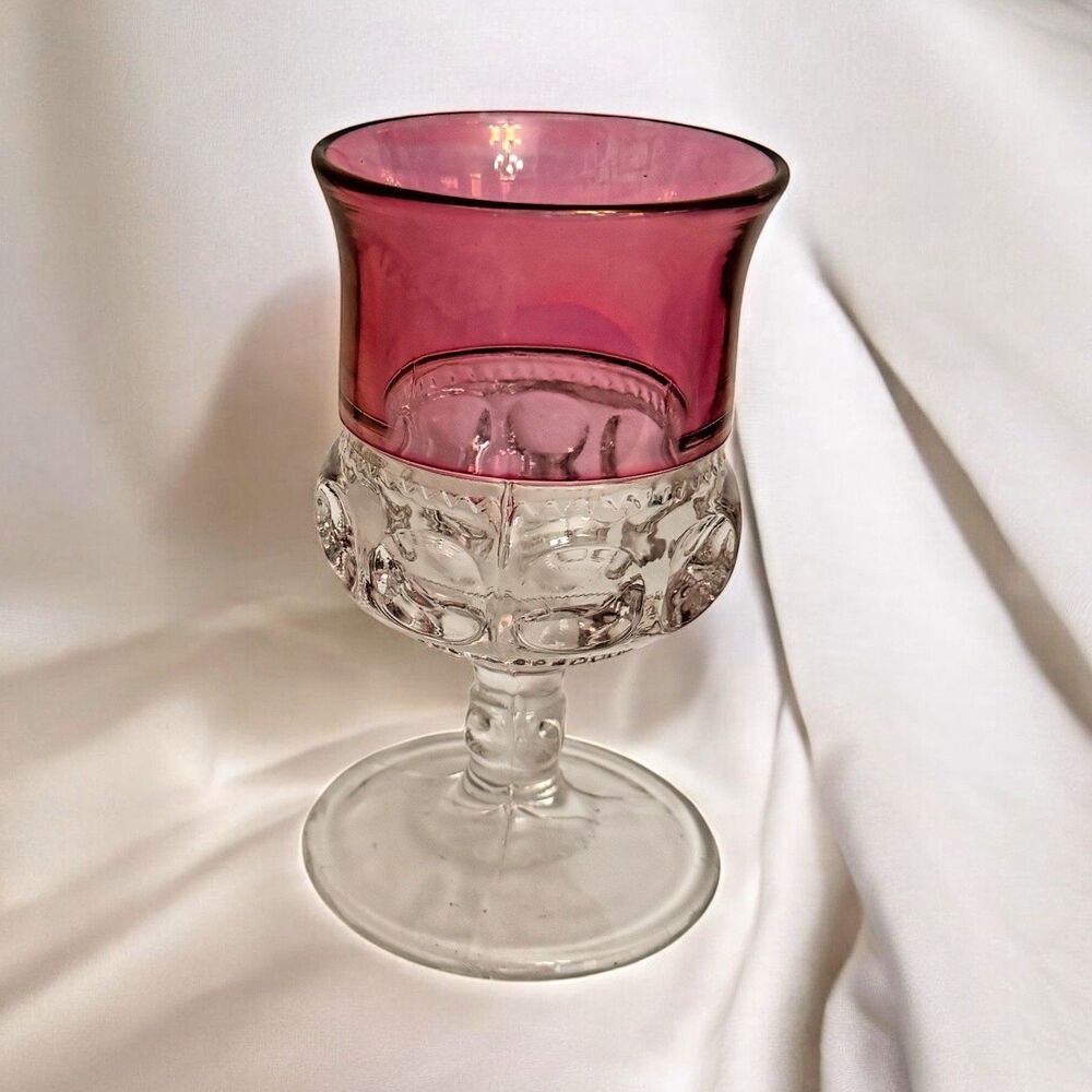Vintage Cranberry Flash Kings Crown Goblet 6" – Thumbprint Clear Glass Stemware
